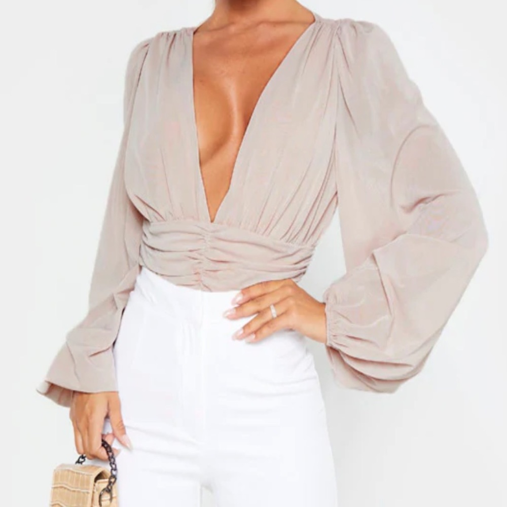 NUDE MESH RUNCHED WAISTBAND BODYSUIT